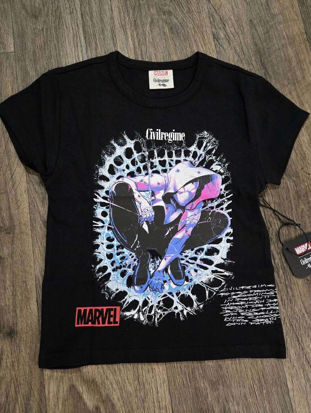 NWT Civil Regime Women's Marvel Spiderman Colab Gwen Graphic Baby Tee Black sz M